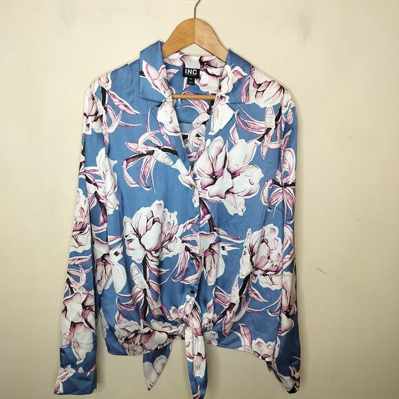 INC International Concepts Floral Button Up Blouse Tie Front - Picture 1 of 9